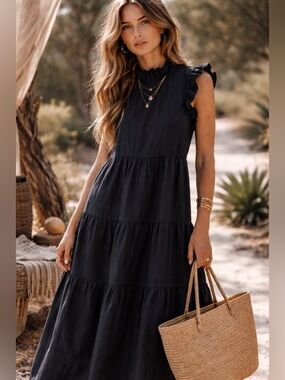 Chepè Italy Black Ruffle Tiered Maxi Dress  Size Medium